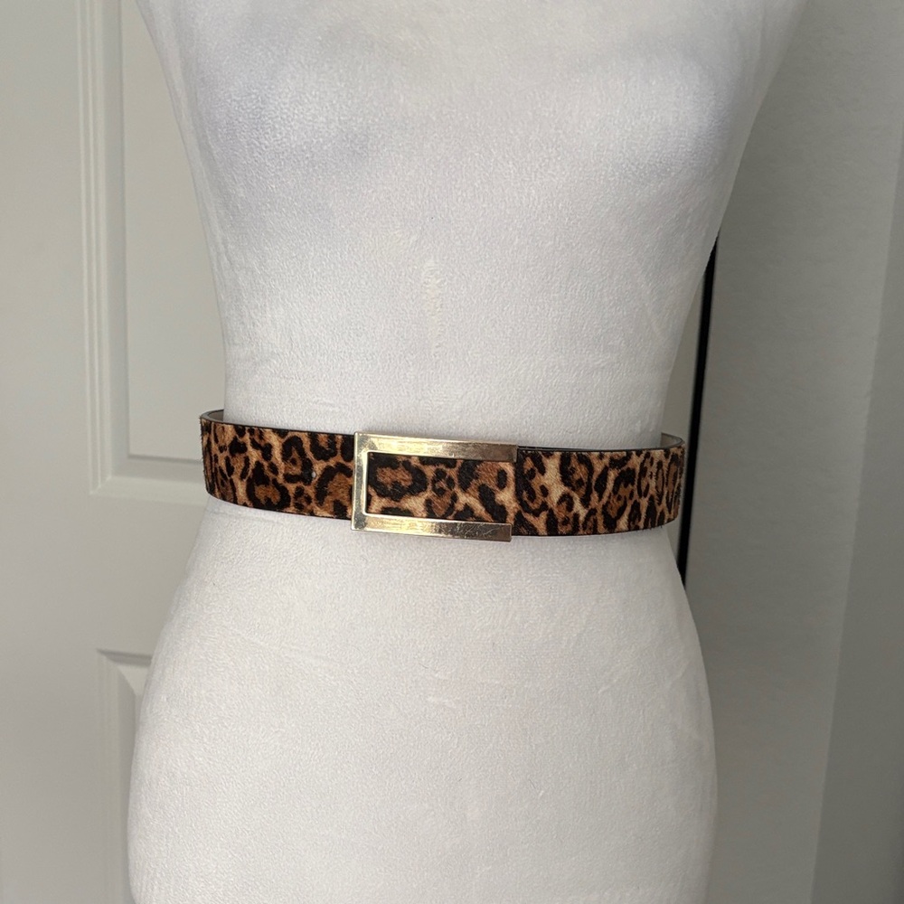 White House Black Market Leopard Print Belt with Gold Buckle